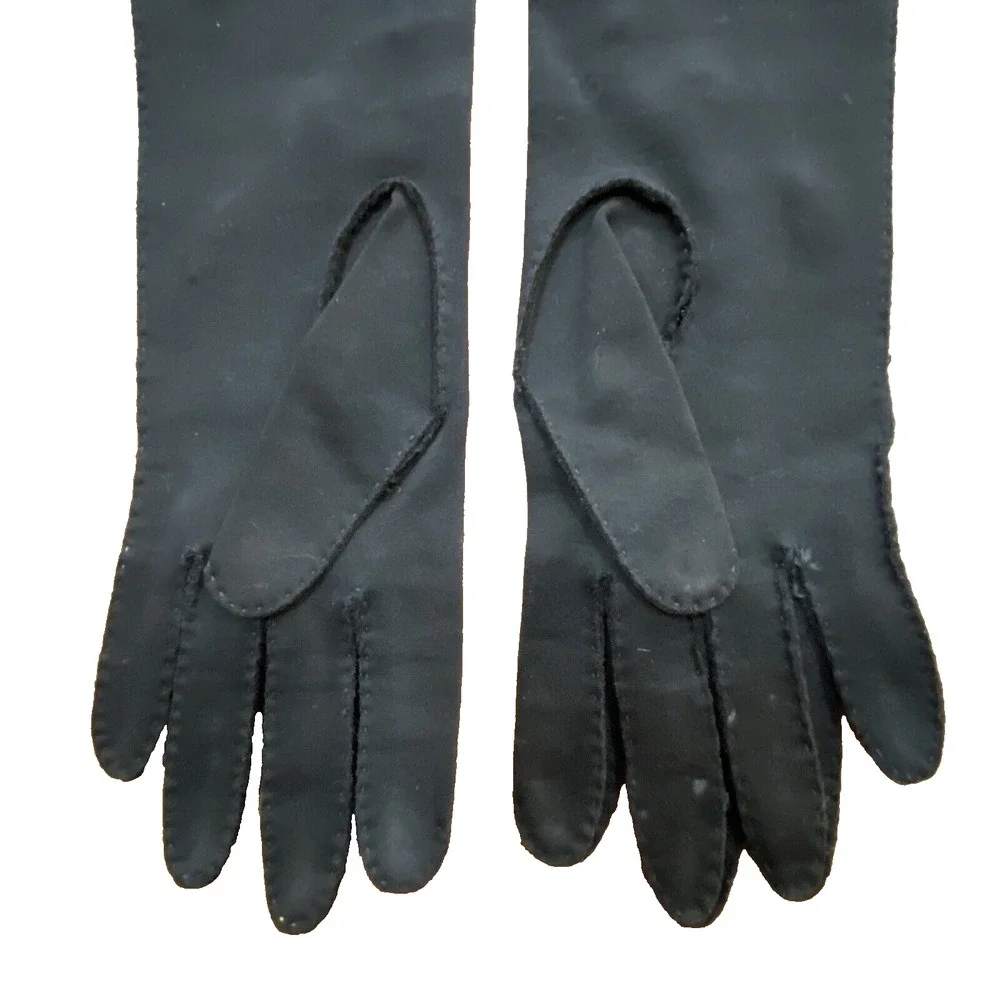 Gimbels Hong Kong Bead & Rhinestone Black Cotton Dressy Elbow Gloves 6.5 Vintage